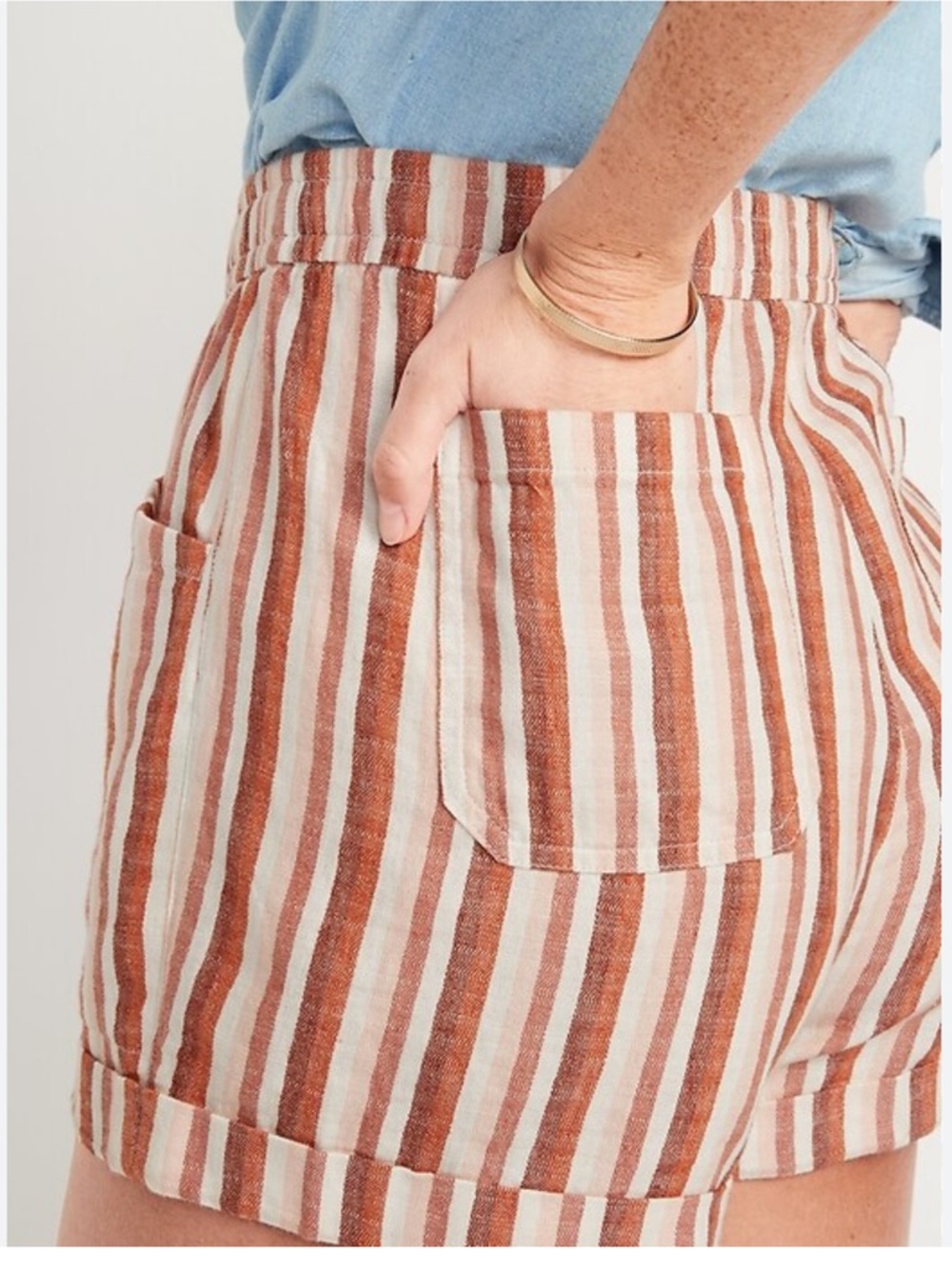 Old Navy High-Waist Rust and White Striped Linen-Blend Shorts